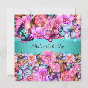 Invitation Fête d'anniversaire Turquoise rose bleu rose papil