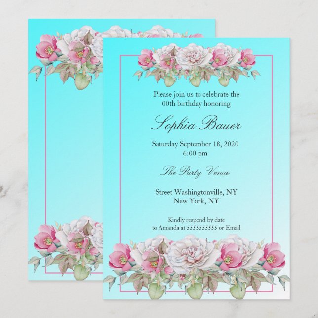 Invitation Fête d'anniversaire turquoise rose Roses Florales (Devant / Derrière)