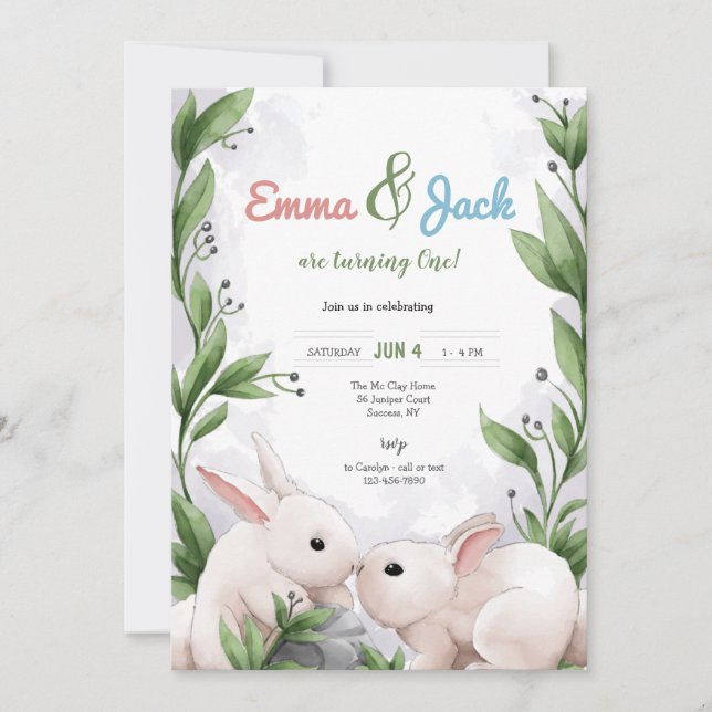 Invitation Fête d'anniversaire Twin Bunnies (Devant)