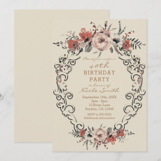 Invitation Fête d'anniversaire vintage beige botanique (Devant / Derrière)