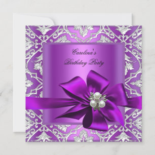 Invitation Fête d'anniversaire violet argent Pearl Damask