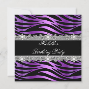 Invitation Fête d'anniversaire Violet Argent Zèbre Diamant No
