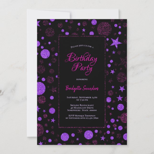 Invitation Fête d'anniversaire violet et noir (Devant)