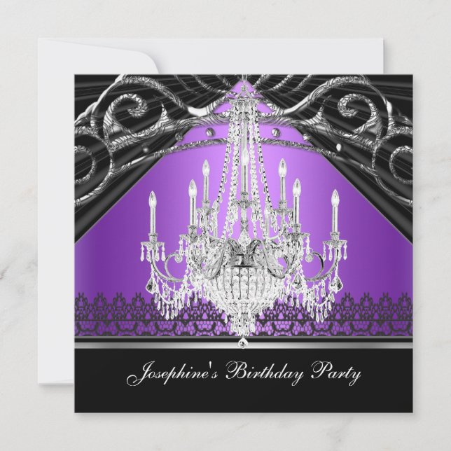 Invitation Fête d'anniversaire violet lustre noir argent (Devant)