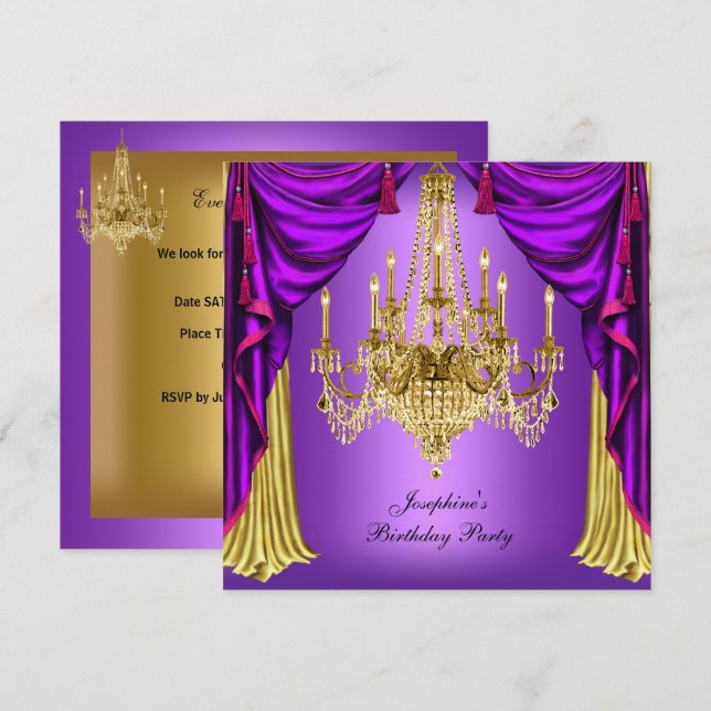 Invitation Fête d'anniversaire violet or chandelier Draps (Devant / Derrière)