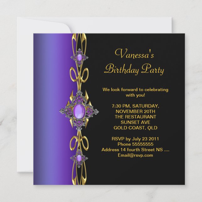 Invitation Fête d'anniversaire violet or noir (Devant)