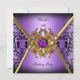 Invitation Fête d'anniversaire violet or noir damassé pour fe