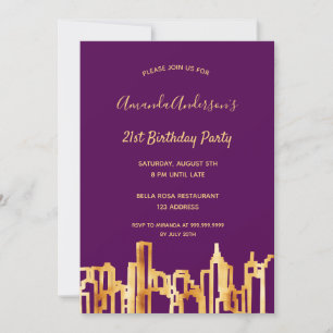 Invitation fête d'anniversaire violet or ville skyline