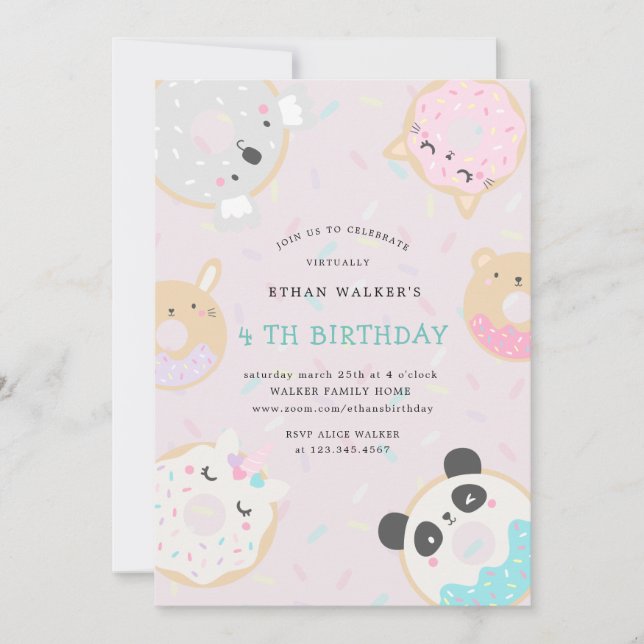 Invitation fête d'anniversaire virtuelle beignes animaux (Devant)