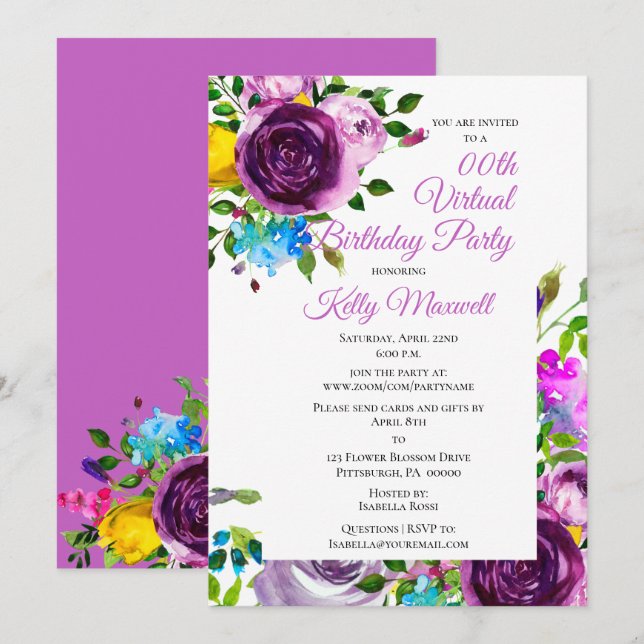Invitation Fête d'anniversaire virtuelle de la floraison de c (Devant / Derrière)