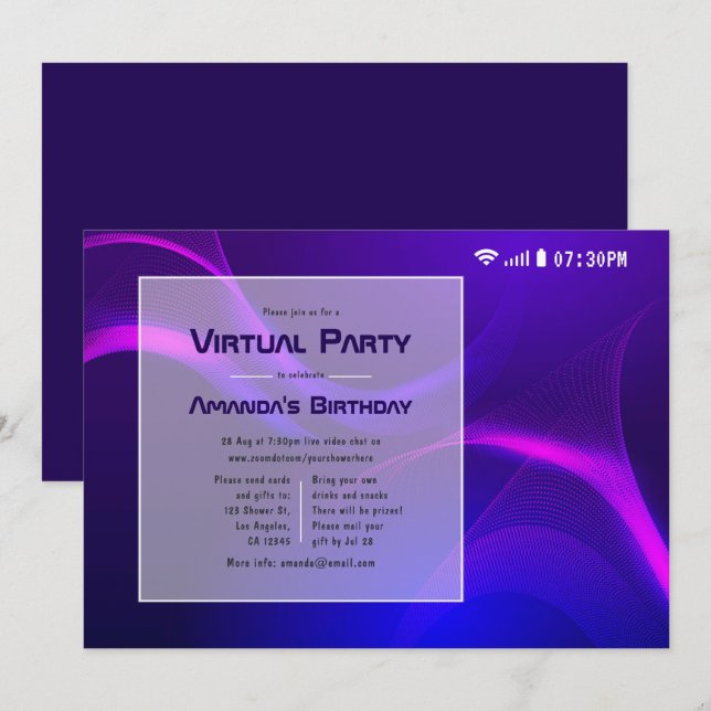 Invitation Fête d'anniversaire virtuelle futuriste (Devant / Derrière)