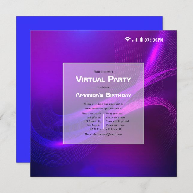 Invitation Fête d'anniversaire virtuelle futuriste (Devant / Derrière)