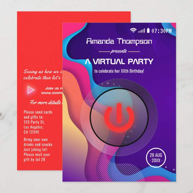 Invitation Fête d'anniversaire virtuelle géométrique futurist (Devant / Derrière)