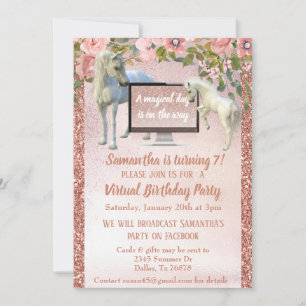 Invitation Fête d'anniversaire virtuelle licorne rose gold