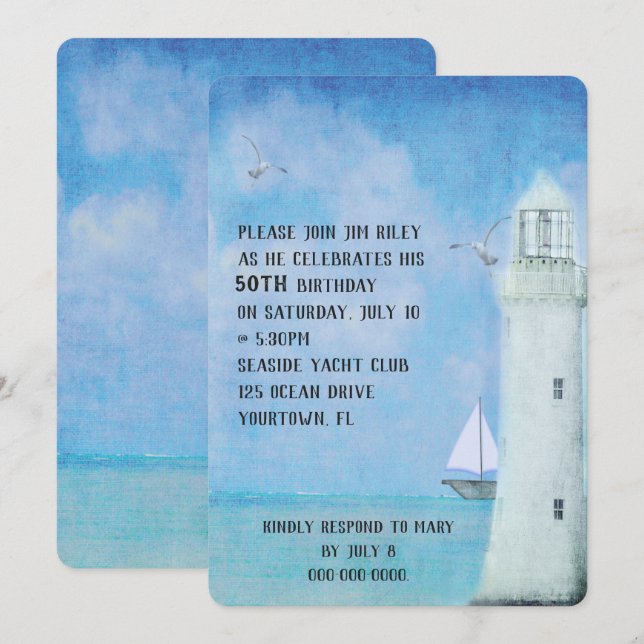 Invitation Fête d'anniversaire - voilier et phare océanique (Devant / Derrière)