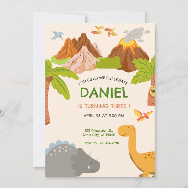Invitation Fête d'anniversaire Volcan Dinosaure (Devant)