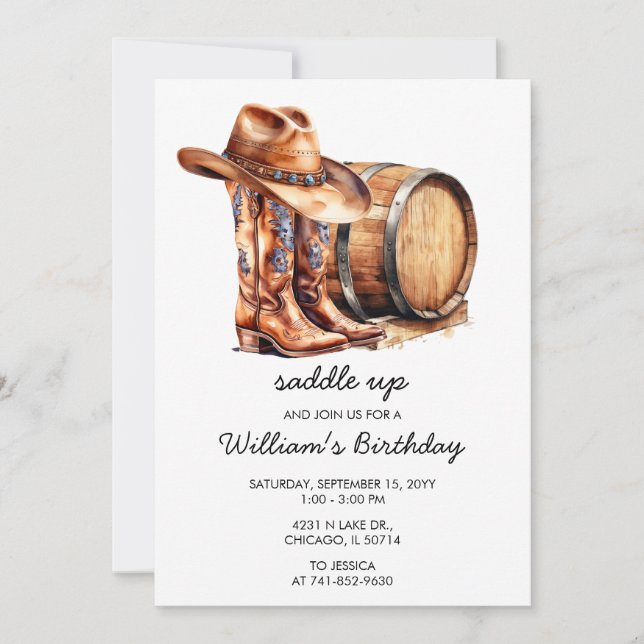 Invitation Fête d'anniversaire Western Rustique Saddle Up tou (Devant)
