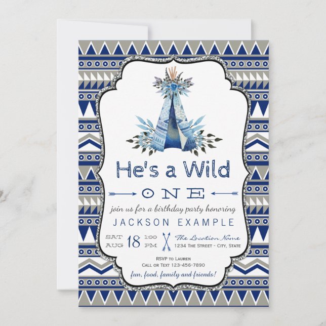 Invitation Fête d'anniversaire Wild One Blue Teepee Premier a (Devant)