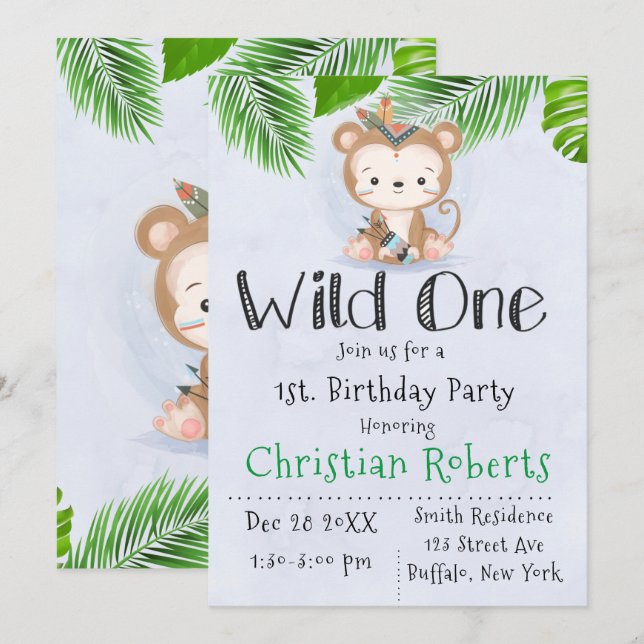 Invitation Fête d'anniversaire Wild One Boho Monkey (Devant / Derrière)