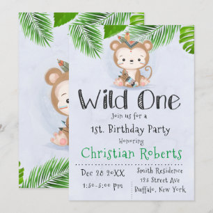 Invitation Fête d'anniversaire Wild One Boho Monkey