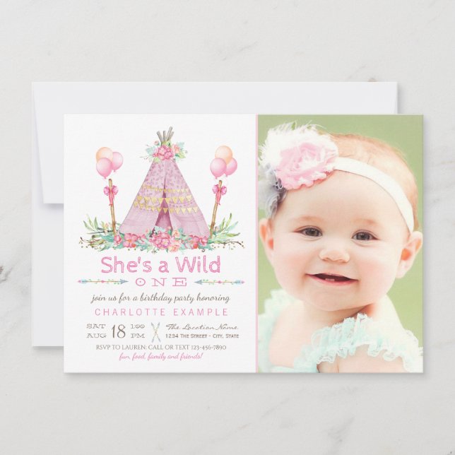 Invitation Fête d'anniversaire Wild One Pink Teepee 1er anniv (Devant)