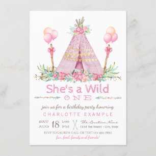 Invitation Fête d'anniversaire Wild One Pink Teepee Premier a