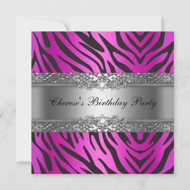 Invitation Fête d'anniversaire Zebra Diamond noir Hot rose (Devant)