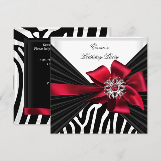 Invitation Fête d'anniversaire Zebra Elegant Rouge Noir Blanc (Devant / Derrière)