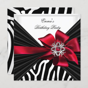 Invitation Fête d'anniversaire Zebra Elegant Rouge Noir Blanc