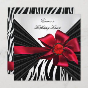 Invitation Fête d'anniversaire Zebra Elegant Rouge Noir Blanc