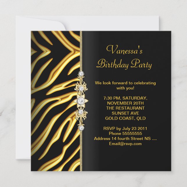 Invitation Fête d'anniversaire Zebra Gold Black Floral (Devant)