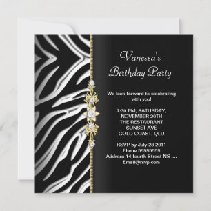 Invitation Fête d'anniversaire Zebra Gold Black White Floral