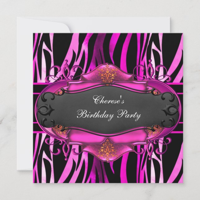 Invitation Fête d'anniversaire Zebra Hot rose Poster de anima (Devant)