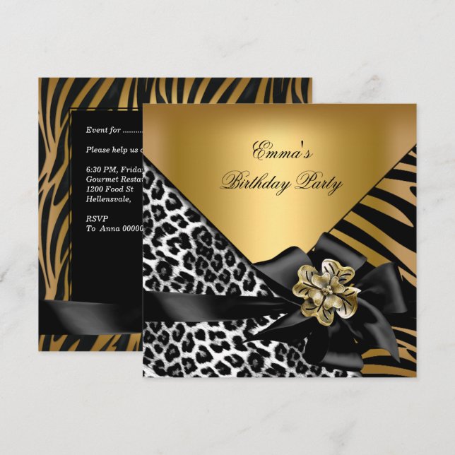 Invitation Fête d'anniversaire Zebra Leopard Gold Elegant (Devant / Derrière)