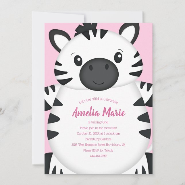 Invitation Fête d'anniversaire Zebra rose (Devant)