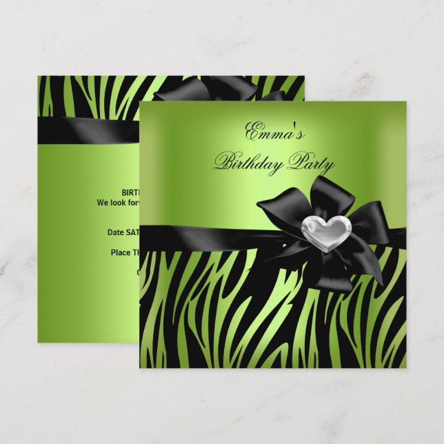 Invitation Fête d'anniversaire Zebra Silver Lime Vert Noir (Devant / Derrière)