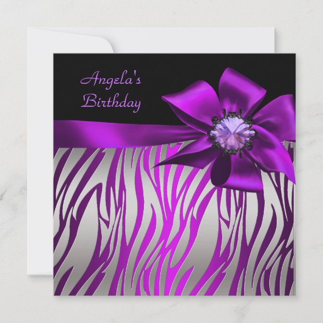 Invitation Fête d'anniversaire Zebra Silver Purple Magenta Bl (Devant)