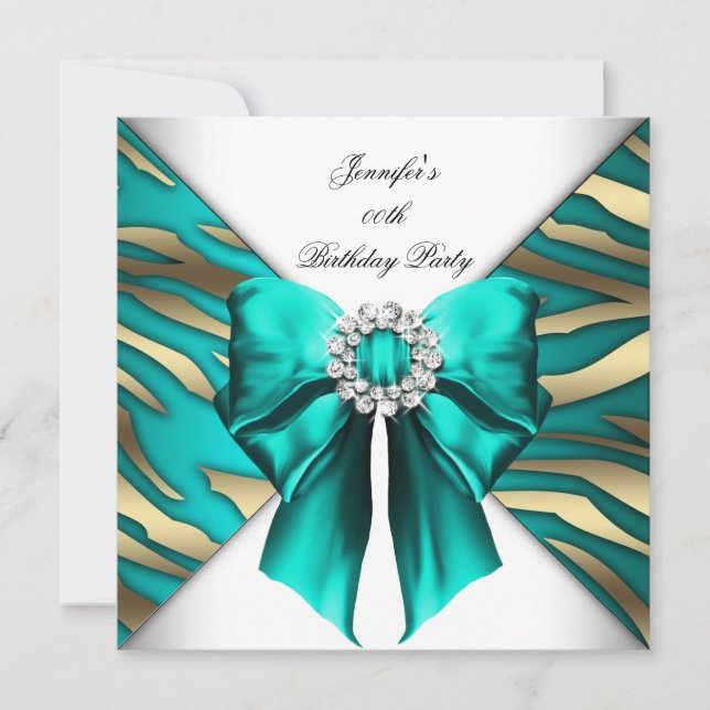 Invitation Fête d'anniversaire Zebra Turquoise d'argent (Devant)