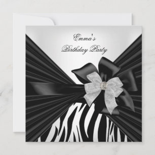 Invitation Fête d'anniversaire Zèbre Élégant Noir blanc