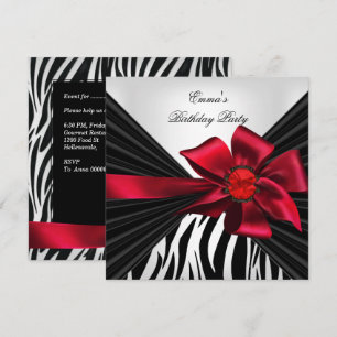 Invitation Fête d'anniversaire Zèbre Élégant Rouge Noir Blanc