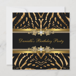 Invitation Fête d'anniversaire Zèbre Noir Or Diamant