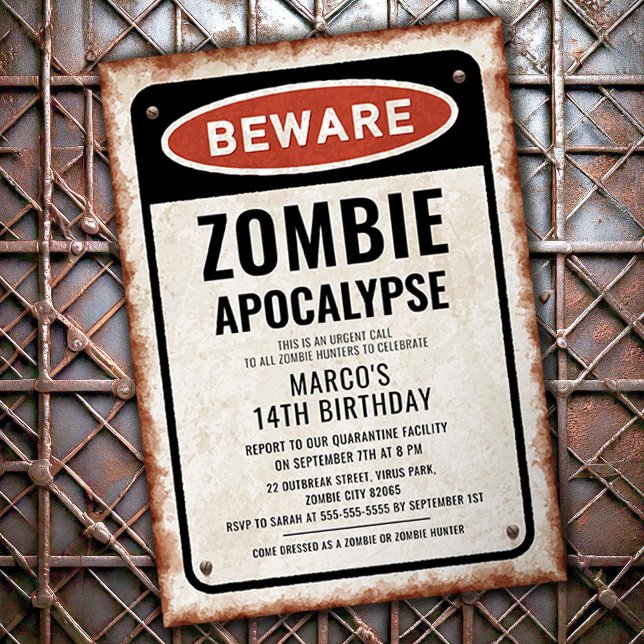 Invitation Fête d'anniversaire zombie avec panneau ATTENTION  (Créateur téléchargé)