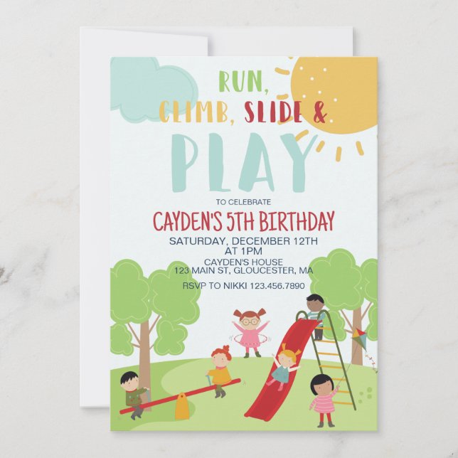 Invitation Fête dans le parc aire de jeux Anniversaire (Devant)