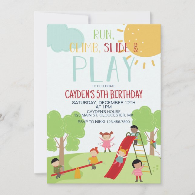 Invitation Fête dans le parc aire de jeux Anniversaire (Devant)