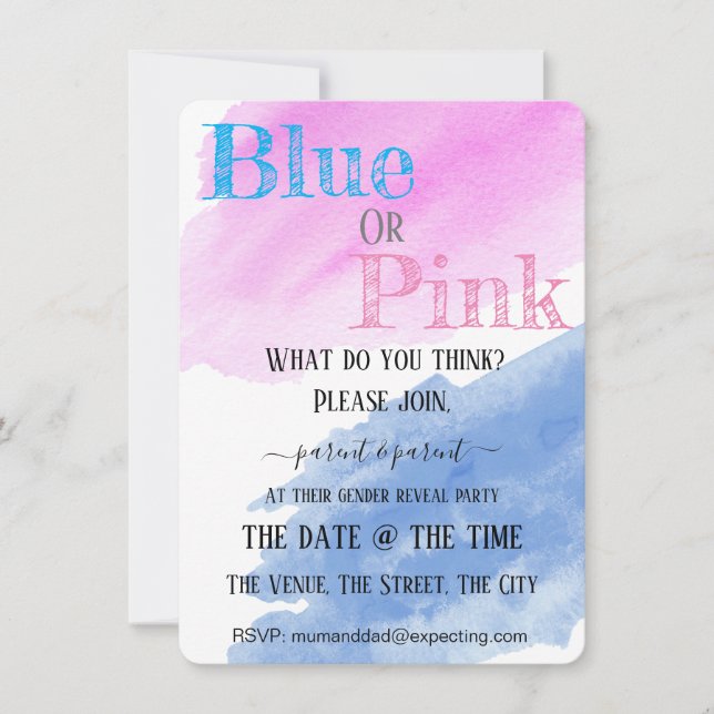 Invitation Fête D'Aquarelle Bleue Ou Rose De La Révélation De (Devant)