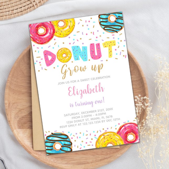 Invitation Fête d'arrosage modifiable Jaune, Rose et Vert Inv (Yellow Pink Green Donut Birthday Invitations)