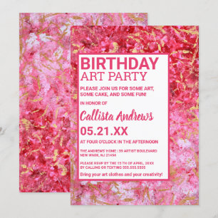 Invitation Fête d'art de peinture rose or rouge