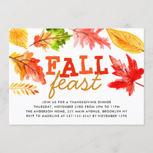 Invitation Fête d'automne Aquarelle Feuilles Thanksgiving Dîn