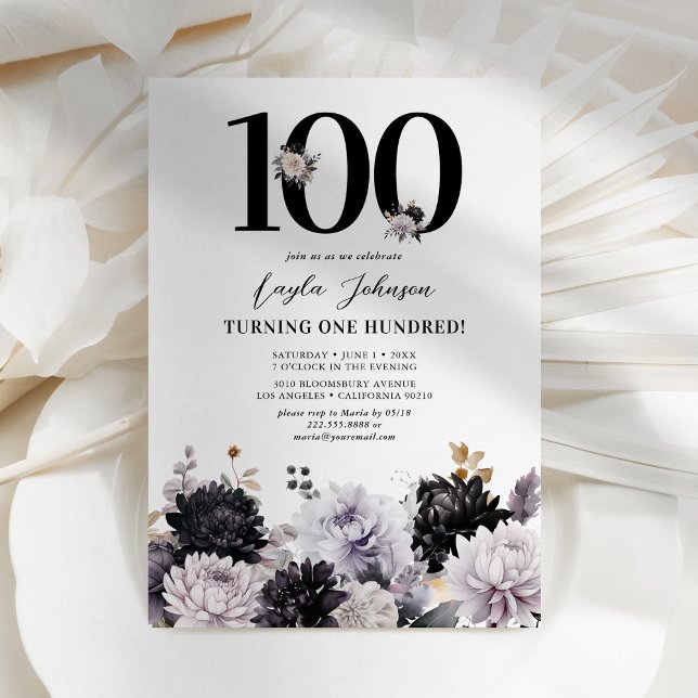 Invitation Fête de 100 ans Élégante Florale (Créateur téléchargé)