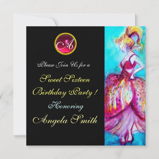 INVITATION FÊTE DE 16 ANS DE JEUNE FILLE FANTAISISTE GEMME MO (Devant)